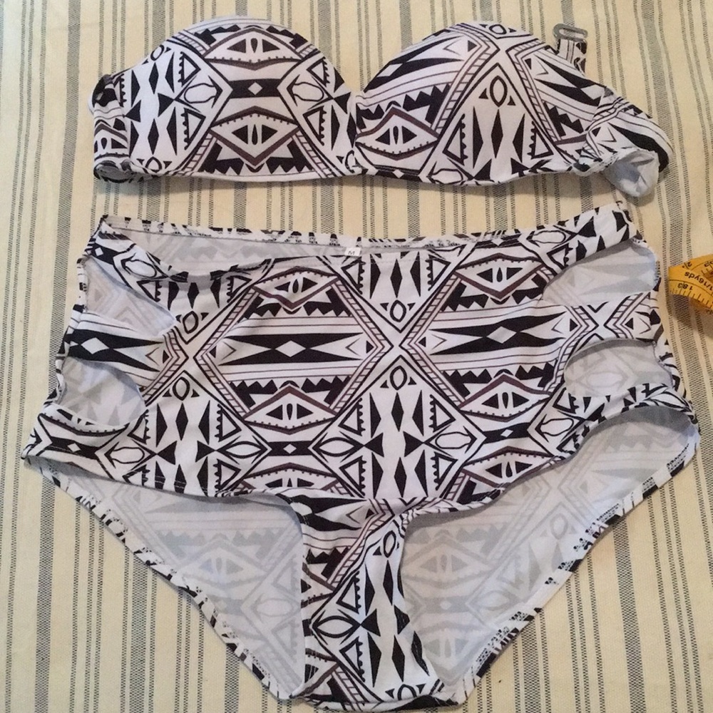 Black and White high waisted bandeau swim set
